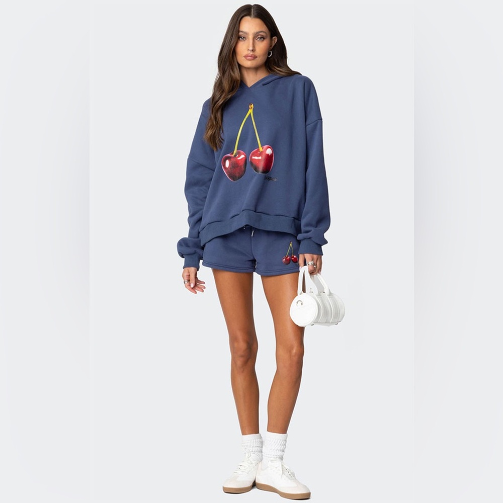 Edikted Mon Cheri Hoodie Cherry Graphic Navy Hoodie Size Medium - Picture 2 of 6